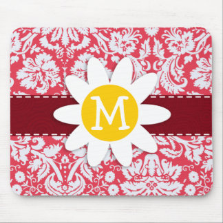 Red Damask Pattern; Daisy Mouse Pad
