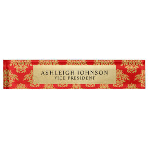 Red Damask Pattern Faux Gold Foil Elegant Nameplate