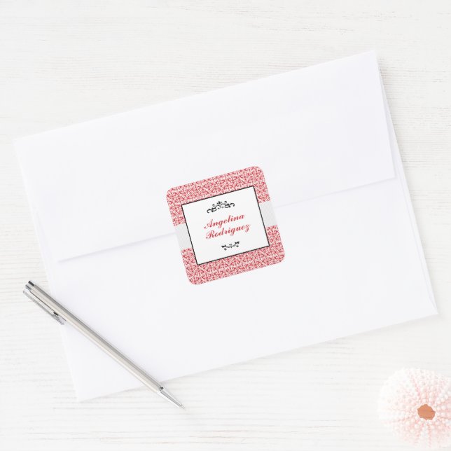 Red Damask Pattern Graduation Square Sticker (Envelope)