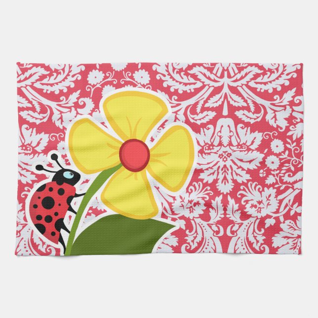 Red Damask Pattern; Ladybug Tea Towel (Horizontal)