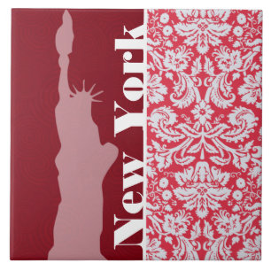 Red Damask Pattern; New York; Statue of Liberty Tile