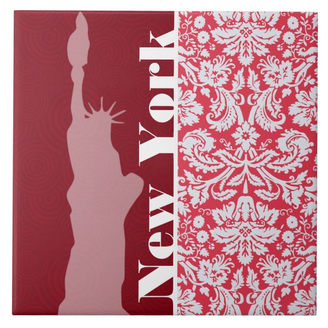 Red Damask Pattern; New York; Statue of Liberty Tile (Front)