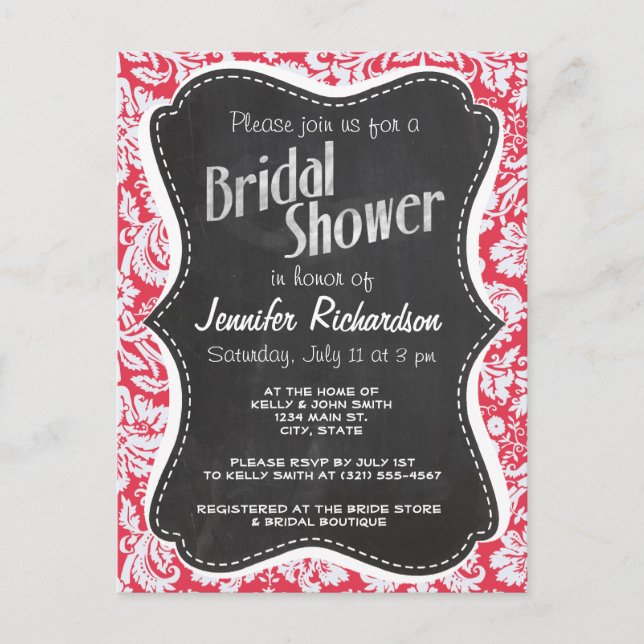 Red Damask Pattern; Vintage Chalkboard Invitation Postcard (Front)
