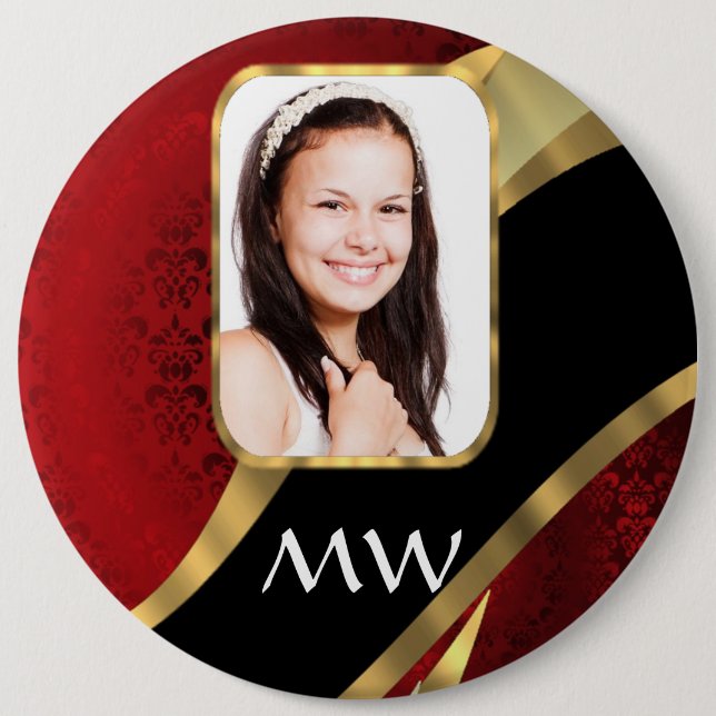 Red damask photo template 6 cm round badge (Front)