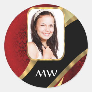 Red damask photo template classic round sticker