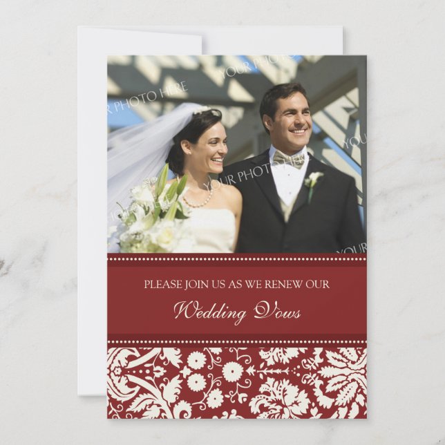 Red Damask Photo Wedding Vow Renewal Invitations (Front)