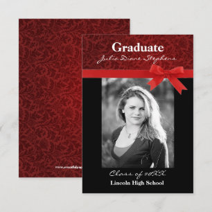 Red Damask & Red Bow - 3x5 Graduation Announcement