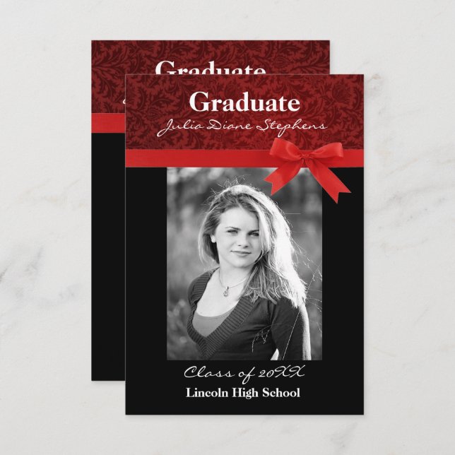 Red Damask & Red Bow - 3x5 Graduation Announcement (Front/Back)
