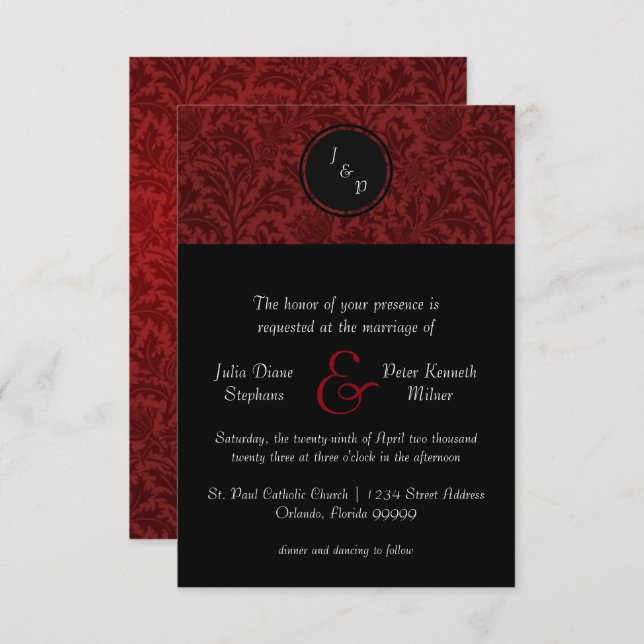 Red Damask & Red Bow - 3x5 Wedding Invitation (Front/Back)