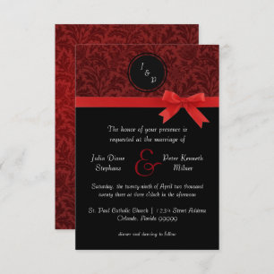Red Damask & Red Bow - 3x5 Wedding Invitation