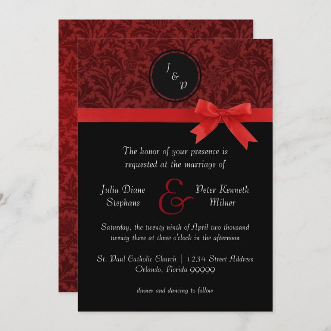 Red Damask & Red Bow - Wedding Invitation (Front/Back)
