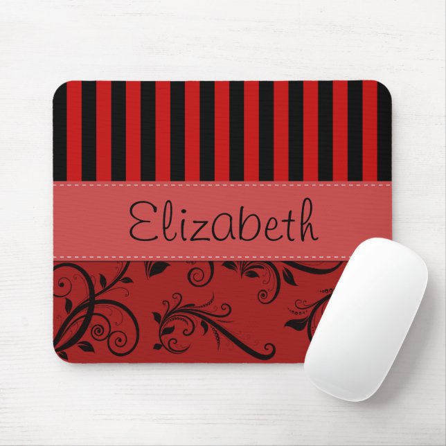 Red Damask, Red Stripes, Striped, Your Name Mouse Pad (With Mouse)