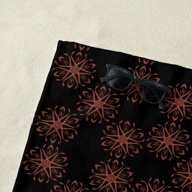 Red Damask Ribbon Reflective Symmetry Pattern Beach Towel (In Situ)