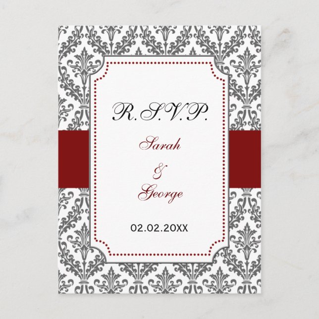 red damask  rsvp invitation postcard (Front)