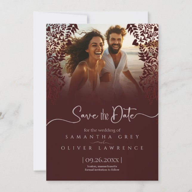 Red Damask Save the Date Card with Custom Photo (Front)