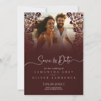 Red Damask Save the Date Card with Custom Photo