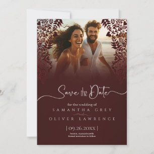 Red Damask Save the Date Card with Custom Photo