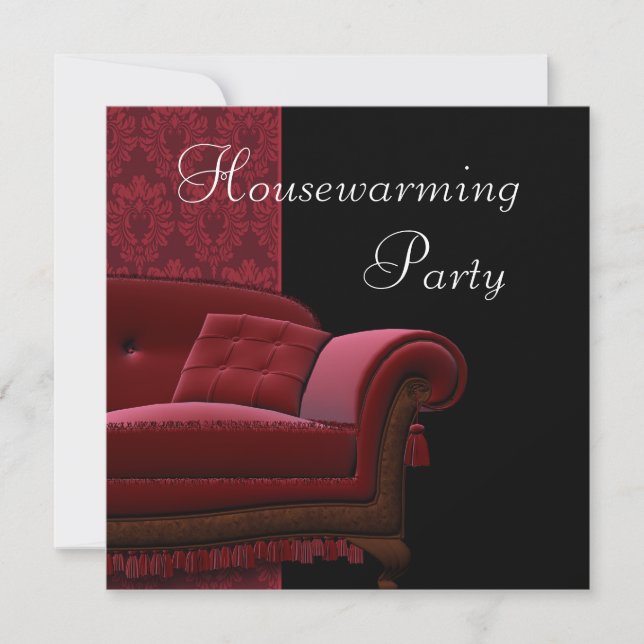 Red Damask Sofa Housewarming Party Invitation (Front)