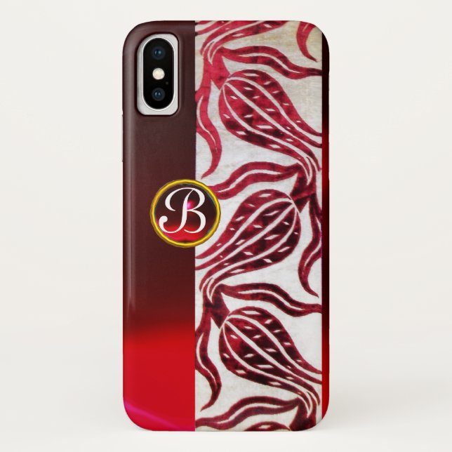 RED DAMASK VELVET TULIPS MONOGRAM Burgundy White Case-Mate iPhone Case (Back)