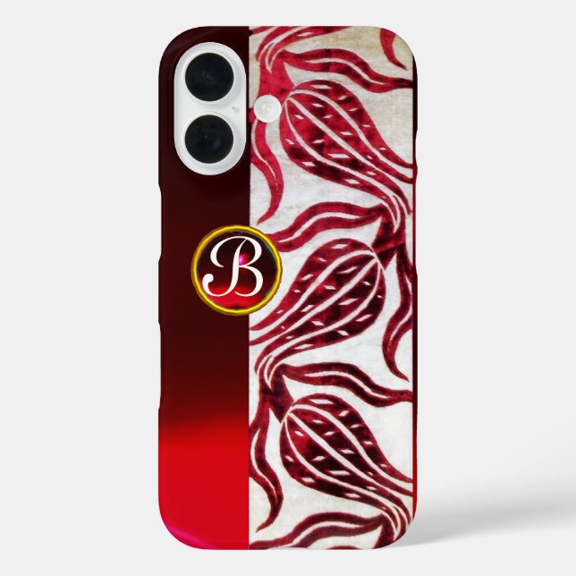 RED DAMASK VELVET TULIPS MONOGRAM Burgundy White Case-Mate iPhone Case (Back)