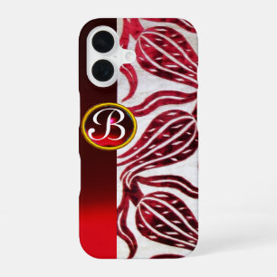 RED DAMASK VELVET TULIPS MONOGRAM Burgundy White iPhone 16 Case