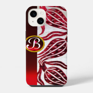 RED DAMASK VELVET TULIPS MONOGRAM Burgundy White iPhone 14 Case