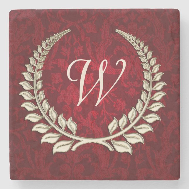 red damask with laurel design stone coaster (Front)
