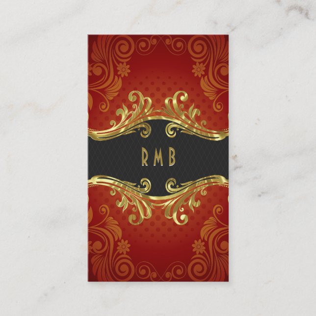 Red Damasks And Gold Leaf Look Business Card (Front)