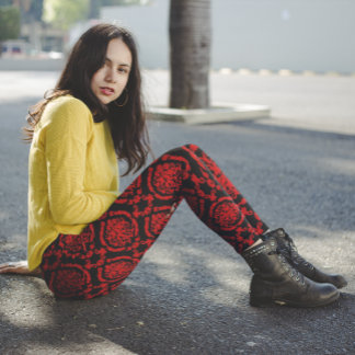 Red Damasks On Black   Leggings