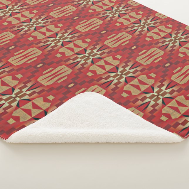Red Dark Brown Tan Beige Rust Orange Tribal Art Sherpa Blanket (3/4)
