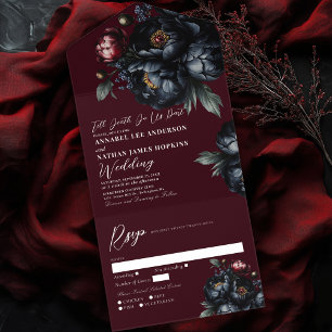 Red Dark Moody Romantic Black Peony Gothic Wedding All In One Invitation