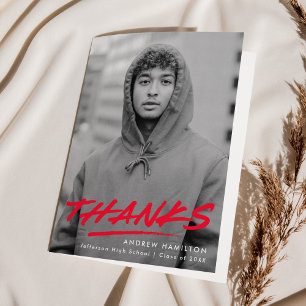 Red Dashed Modern Photo Graduation Thank You Card