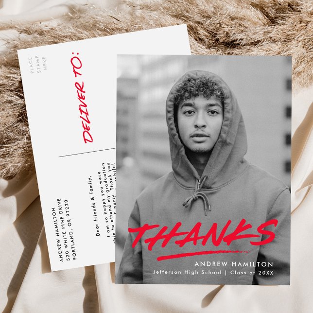 Red Dashed Modern Photo Graduation Thank You Postcard (Creator Uploaded)