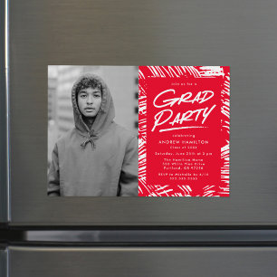 Red   Dashed Photo Graduation Party Magnetic Invitation