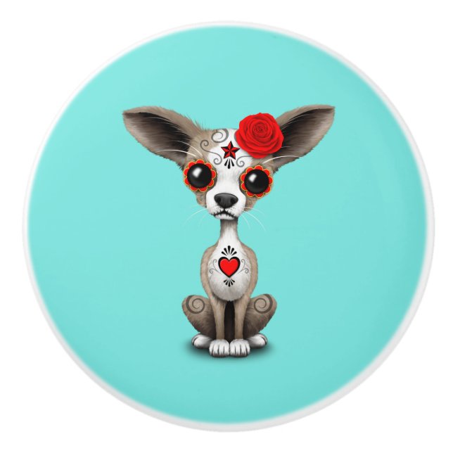 Red Day of the Dead Chihuahua Ceramic Knob (Front)