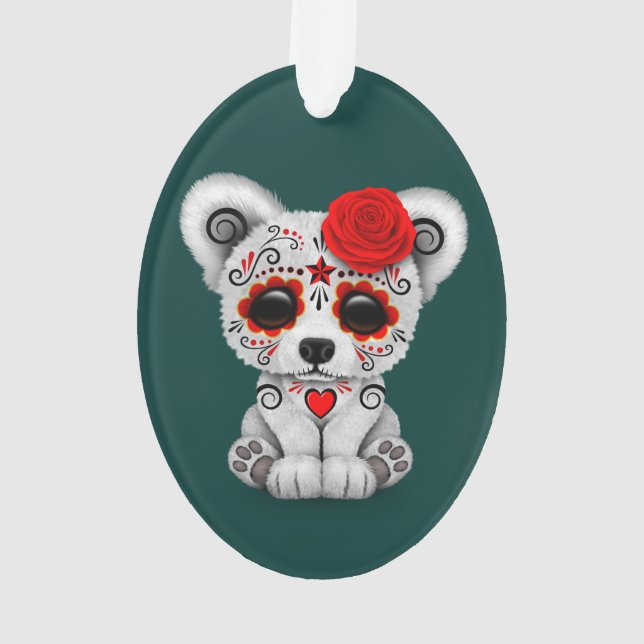 Red Day of the Dead Sugar Skull Bear Teal Blue Ornament (Back)