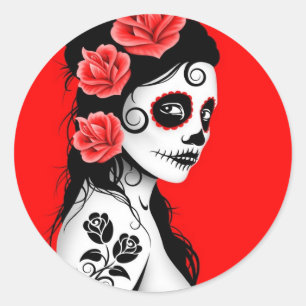 Red Day of the Dead Sugar Skull Girl Classic Round Sticker