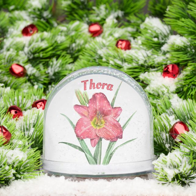Red Daylily Flower Botanical Art Personalised Snowglobe (Christmas)
