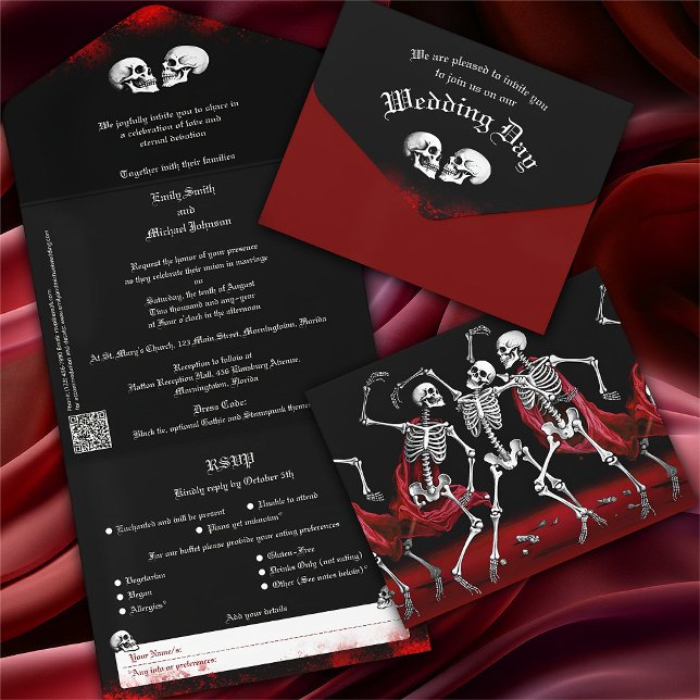 Red Death Dancing Skeletons Gothic Wedding All In One Invitation (Creator Uploaded)