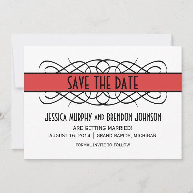 Red Deco Flourish Save the Date Invite (Front)