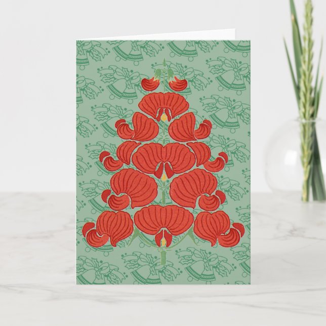 Red Deco Flower Christmas Tree Holiday Card (Front)