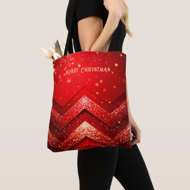 Red Decorative Christmas Glitter Holiday Tote Bag (Close Up)