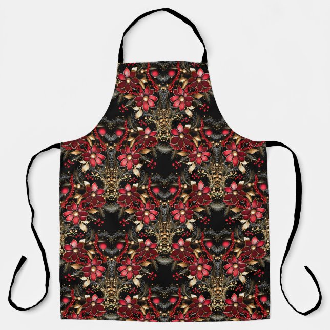 Red Decorative Flowers Holiday Apron (Front)