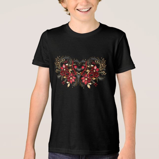 Red Decorative Flowers Holiday Boys T-Shirt Tri-Blend Shirt (Front)