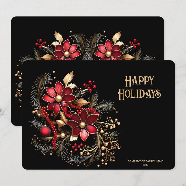 Red Decorative Flowers Holiday Card (Front/Back)