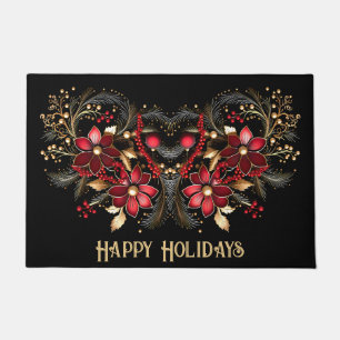 Red Decorative Flowers Holiday Doormat