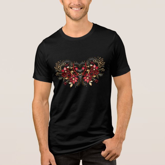 Red Decorative Flowers Holiday Men's T-Shirt Tri-Blend Shirt (Front)