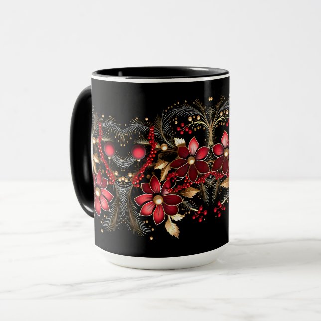 Red Decorative Flowers Holiday Mug (Front Left)