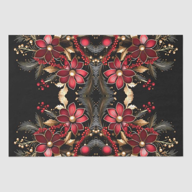 Red Decorative Flowers Holiday Tissue Paper (Front)