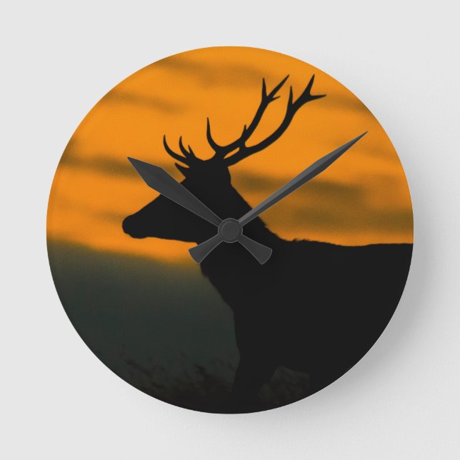 Red Deer at Dawn – Rustic Wildlife Wood Art Round Clock (Front)